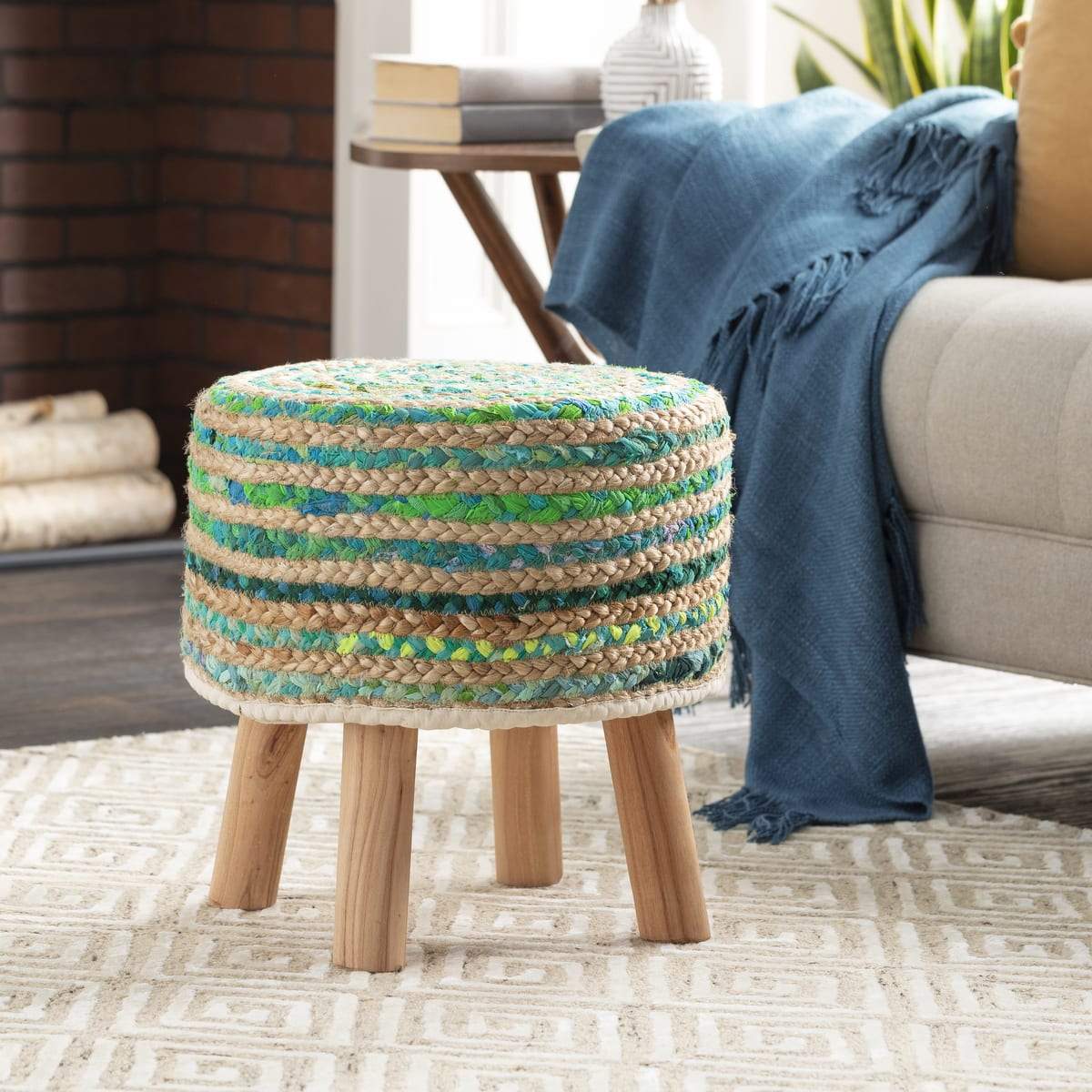 Surya Cambrai CBI-002 Handcrafted Stool / Footstool -Sea Foam - Fifth and Modern