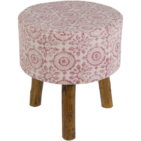 Surya Indore INDO-001 Bohemian Stool, Footstool -Bohemian, Cotton, Wood, Bright Pink, White - Fifth and Modern