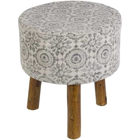 Surya Indore INDO-002 Bohemian Stool, Footstool -Bohemian, Cotton, Wood, Charcoal, White - Fifth and Modern