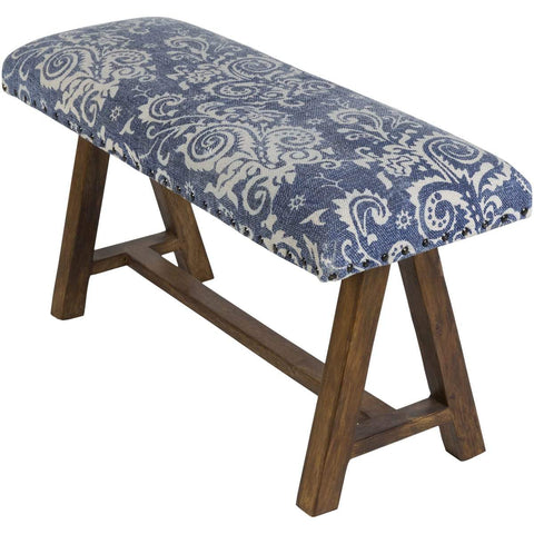 Surya Kanpur KANP-003 Bohemian Upholstered Bench -Cotton Top, Wood Base, Navy/White - Fifth and Modern