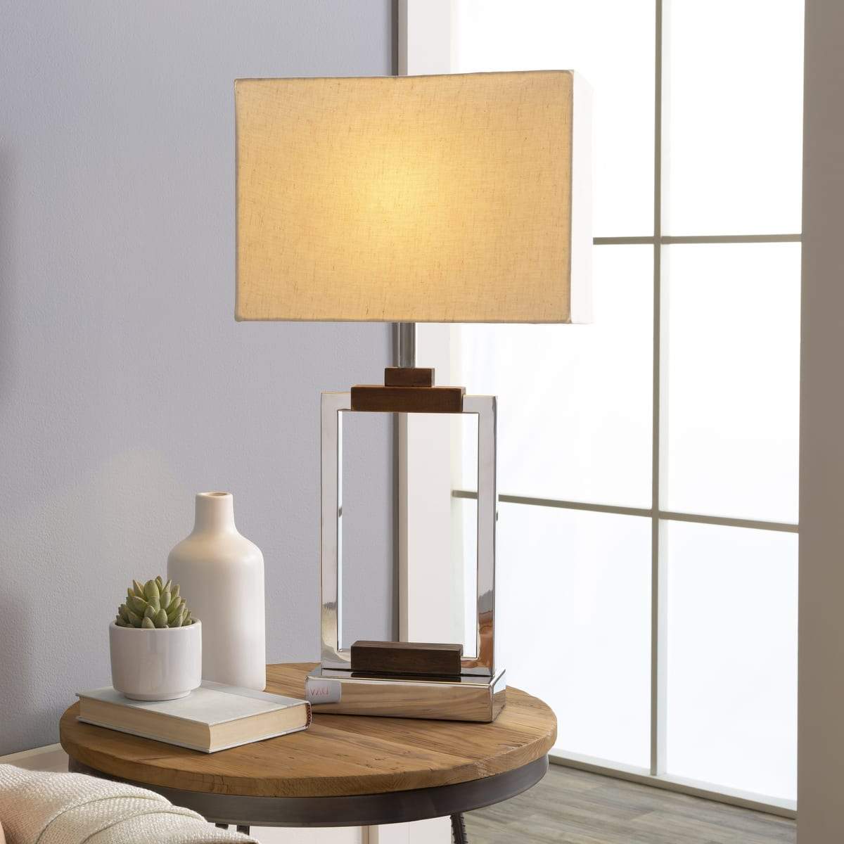 Surya Lilah LIH-002 Modern Table Lamp -Silver Metallic and Wood - Fifth and Modern