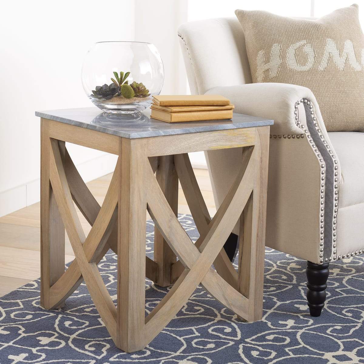 Surya Logan LOG-001 Transitional End Table -Handcrafted, Marble Top, Wood Base - Fifth and Modern