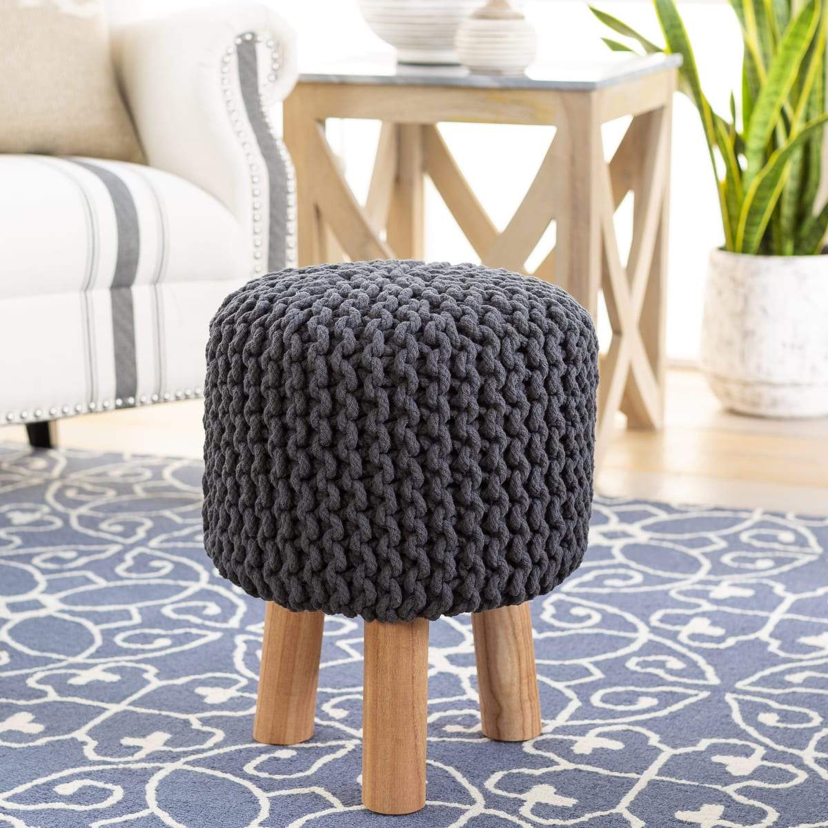 Surya Malmo MLM-001 Bohemian Stool, Footstool -Handcrafted, Cotton, Wood, Charcoal top - Fifth and Modern