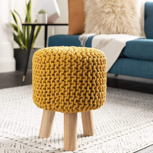 Surya Malmo MLM-002 Bohemian Stool, Footstool -Handcrafted, Cotton, Wood, Saffron - Fifth and Modern