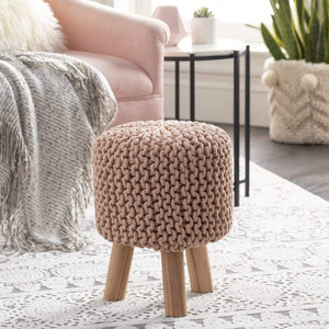 Surya Malmo MLM-003 Bohemian Stool, Footstool -Handcrafted, Cotton, Wood, Pale Pink - Fifth and Modern