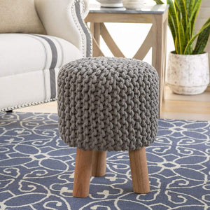 Surya Malmo MLM-004 Bohemian Stool, Footstool -Handcrafted, Cotton, Wood, Medium Gray - Fifth and Modern