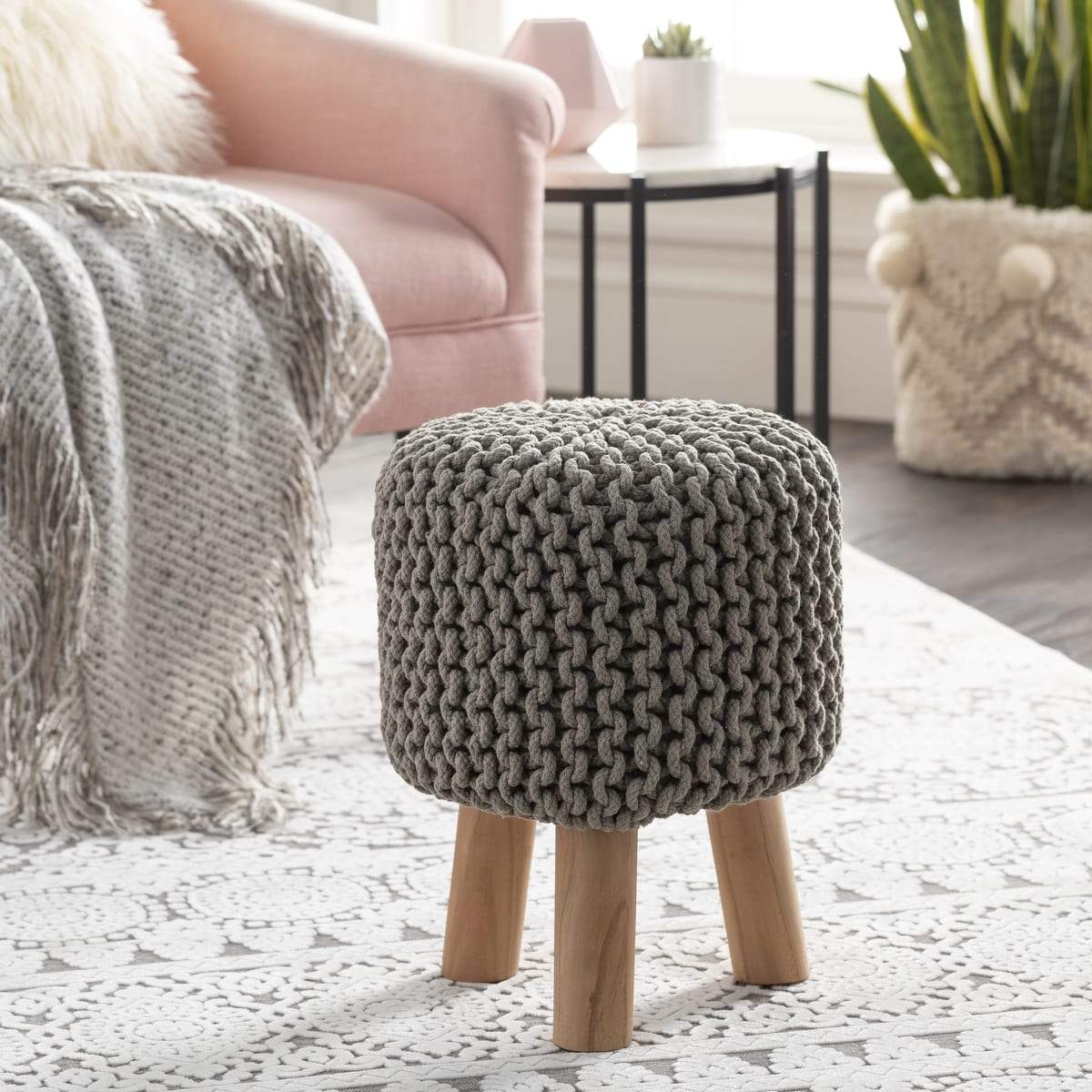 Surya Malmo MLM-004 Bohemian Stool, Footstool -Handcrafted, Cotton, Wood, Medium Gray - Fifth and Modern