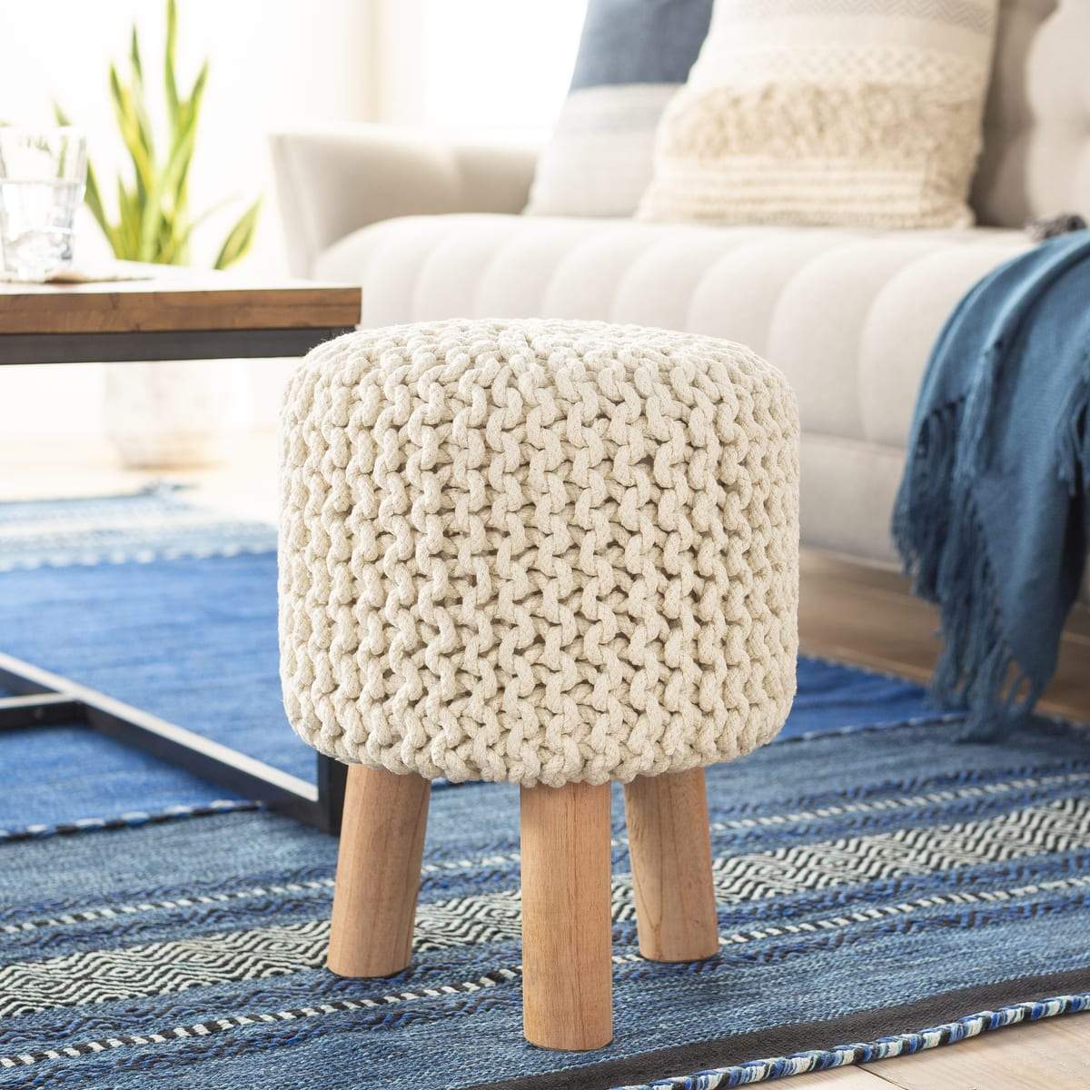 Surya Malmo MLM-005 Bohemian Stool, Footstool -Handcrafted, Cotton, Wood, Ivory - Fifth and Modern