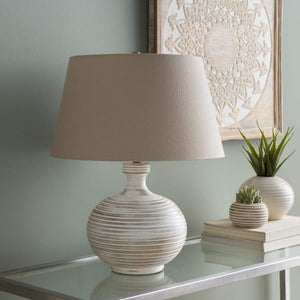 Surya Cross OSS-001 Transitional Table Lamp -Distressed Wood Body & Taupe Shade - Fifth and Modern