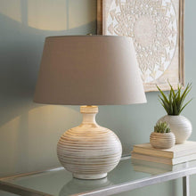 Surya Cross OSS-001 Transitional Table Lamp -Distressed Wood Body & Taupe Shade - Fifth and Modern