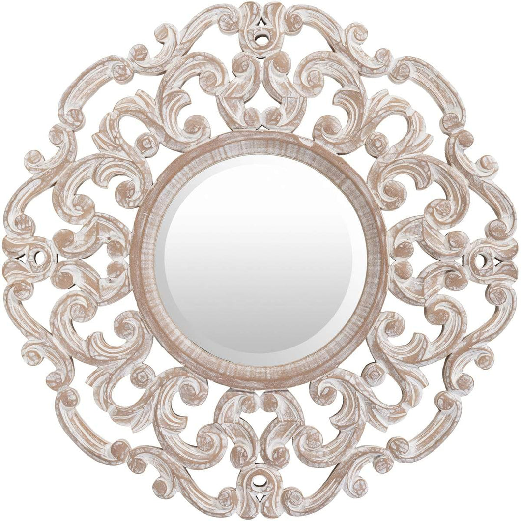 Surya Urvashi URV-001 Round Traditional Mirror With Beveled Glass -White Washed - Fifth and Modern