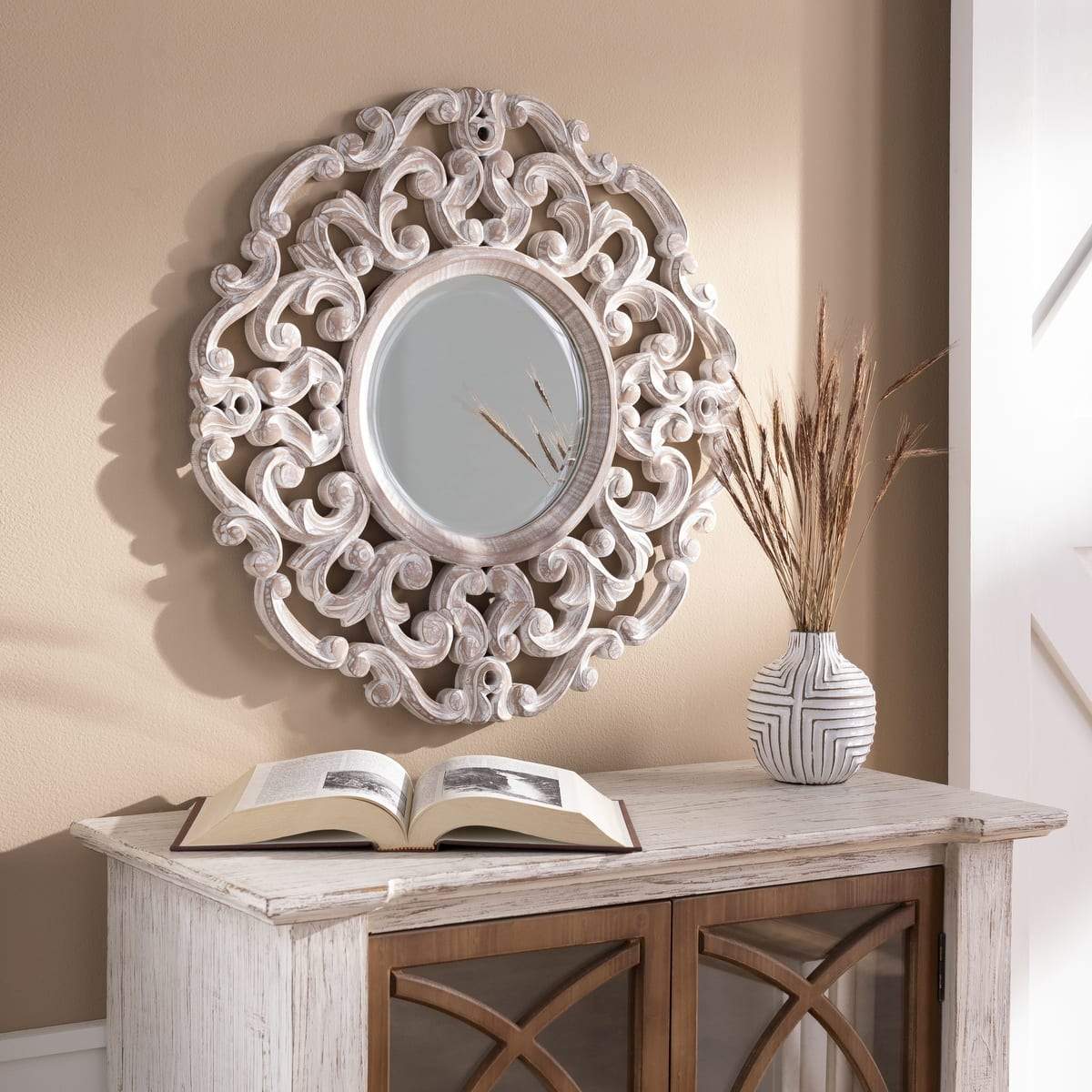 Surya Urvashi URV-001 Round Traditional Mirror With Beveled Glass -White Washed - Fifth and Modern