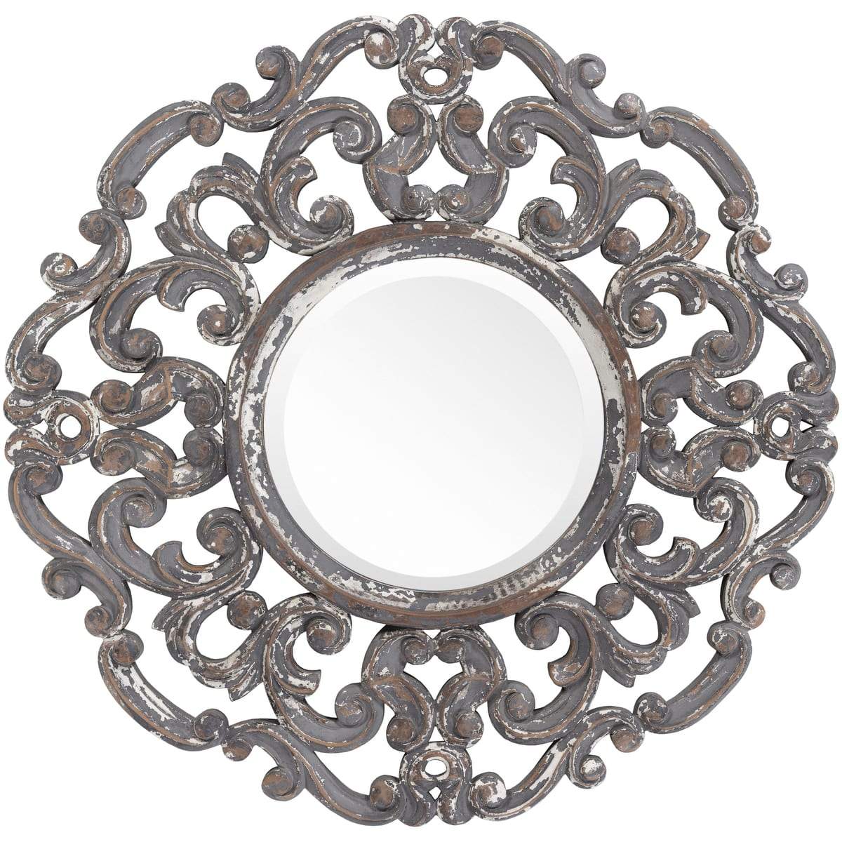 Surya Urvashi URV-002 Round Traditional Mirror With Beveled Glass -Antiqued - Fifth and Modern